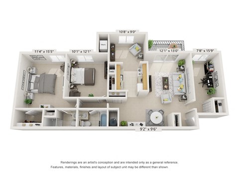 Floor plan for 2 beds, 2 baths, 1214 sqft